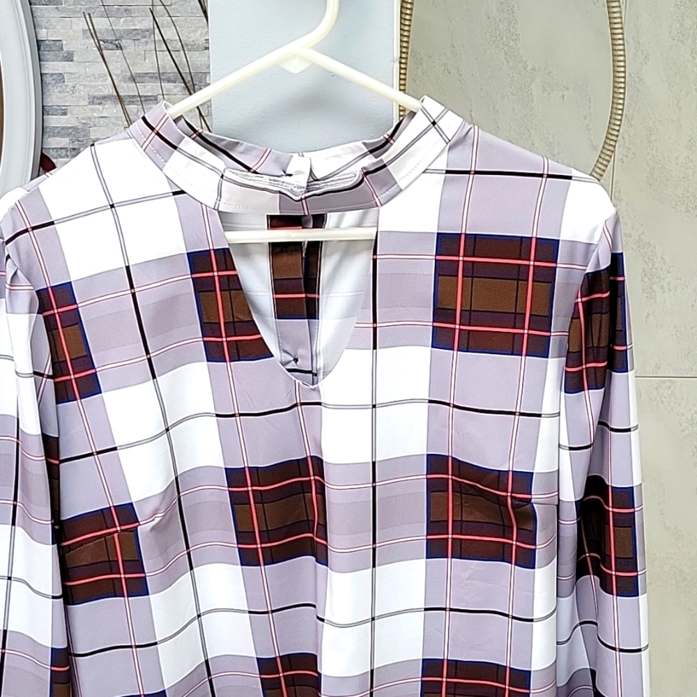XL peek a boo plaid blouse